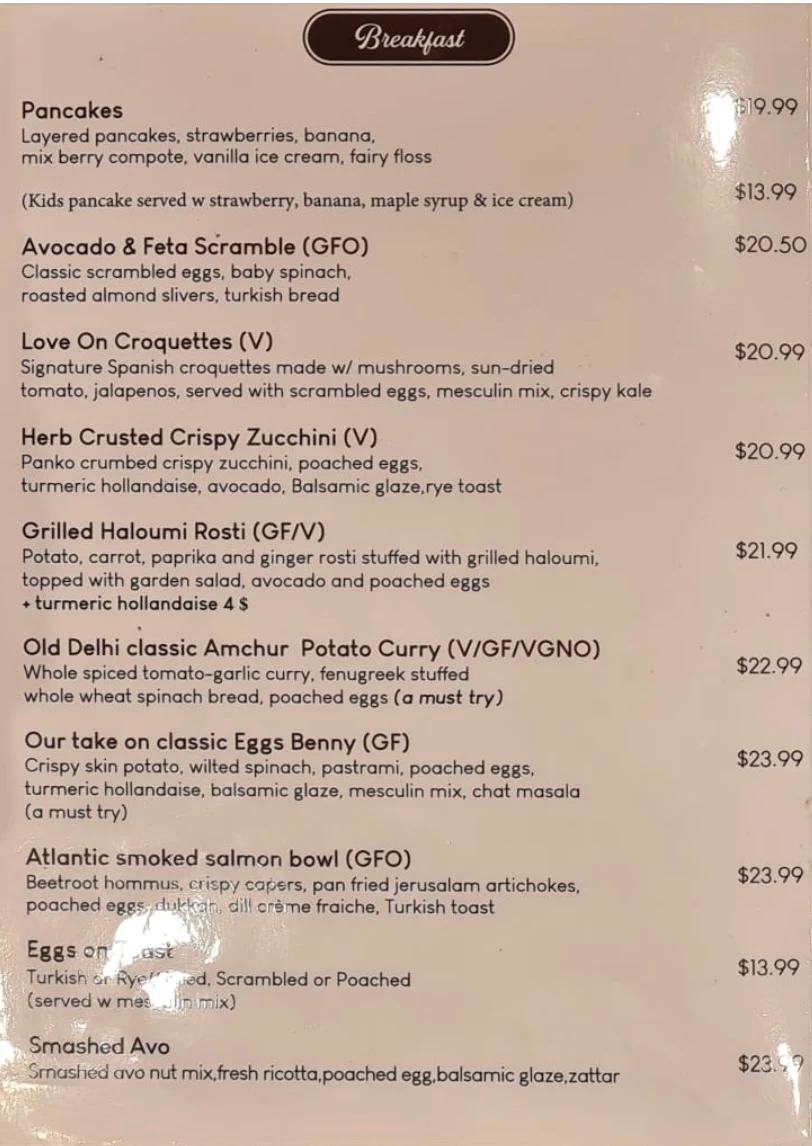 Menu, Loveon Cafe