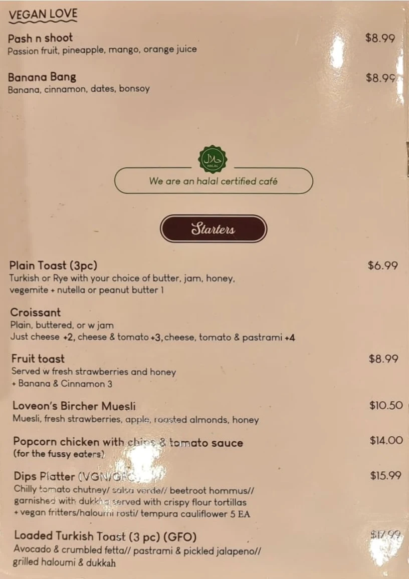 Menu, Loveon Cafe