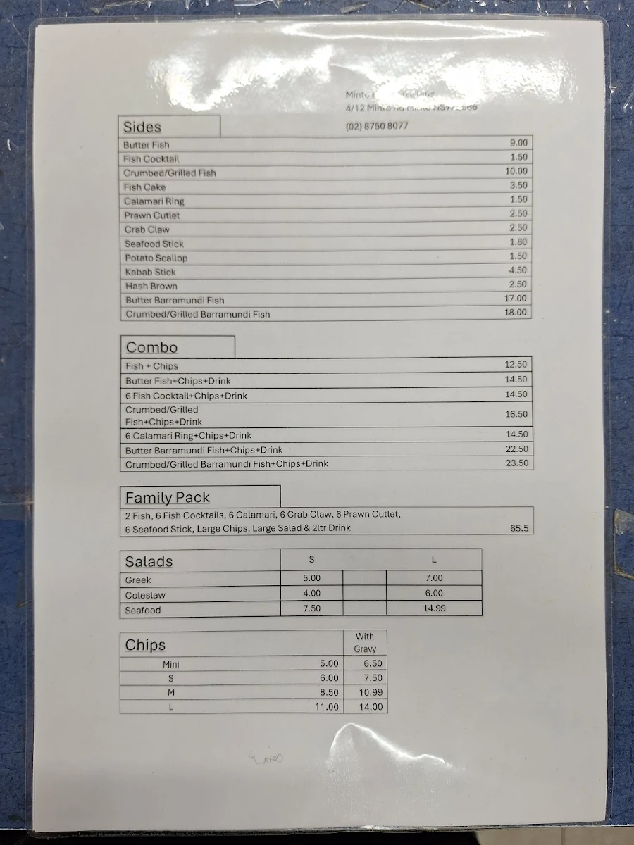 Menu, Minto Fish and chips
