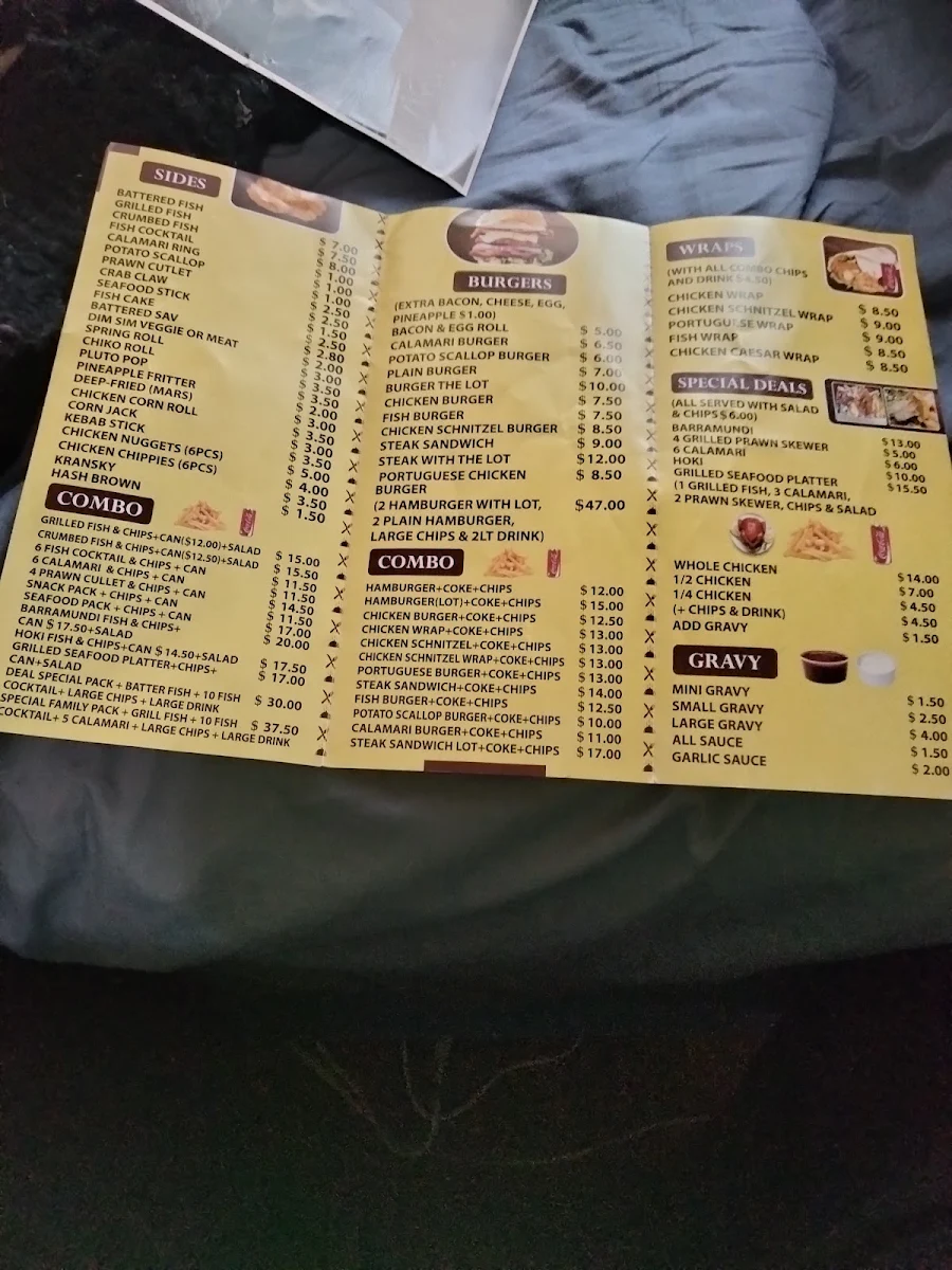 Menu, Minto Fish and chips