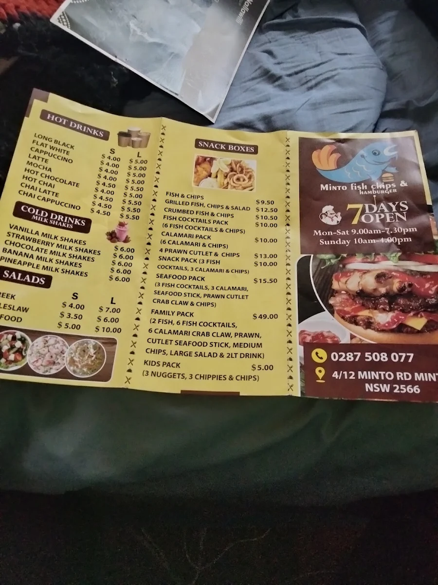 Menu, Minto Fish and chips