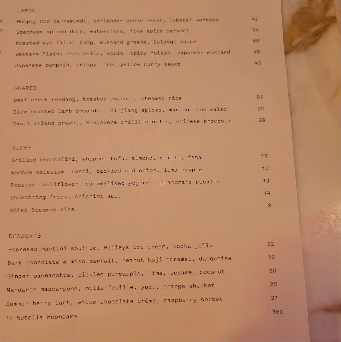 Menu, Taxi Kitchen