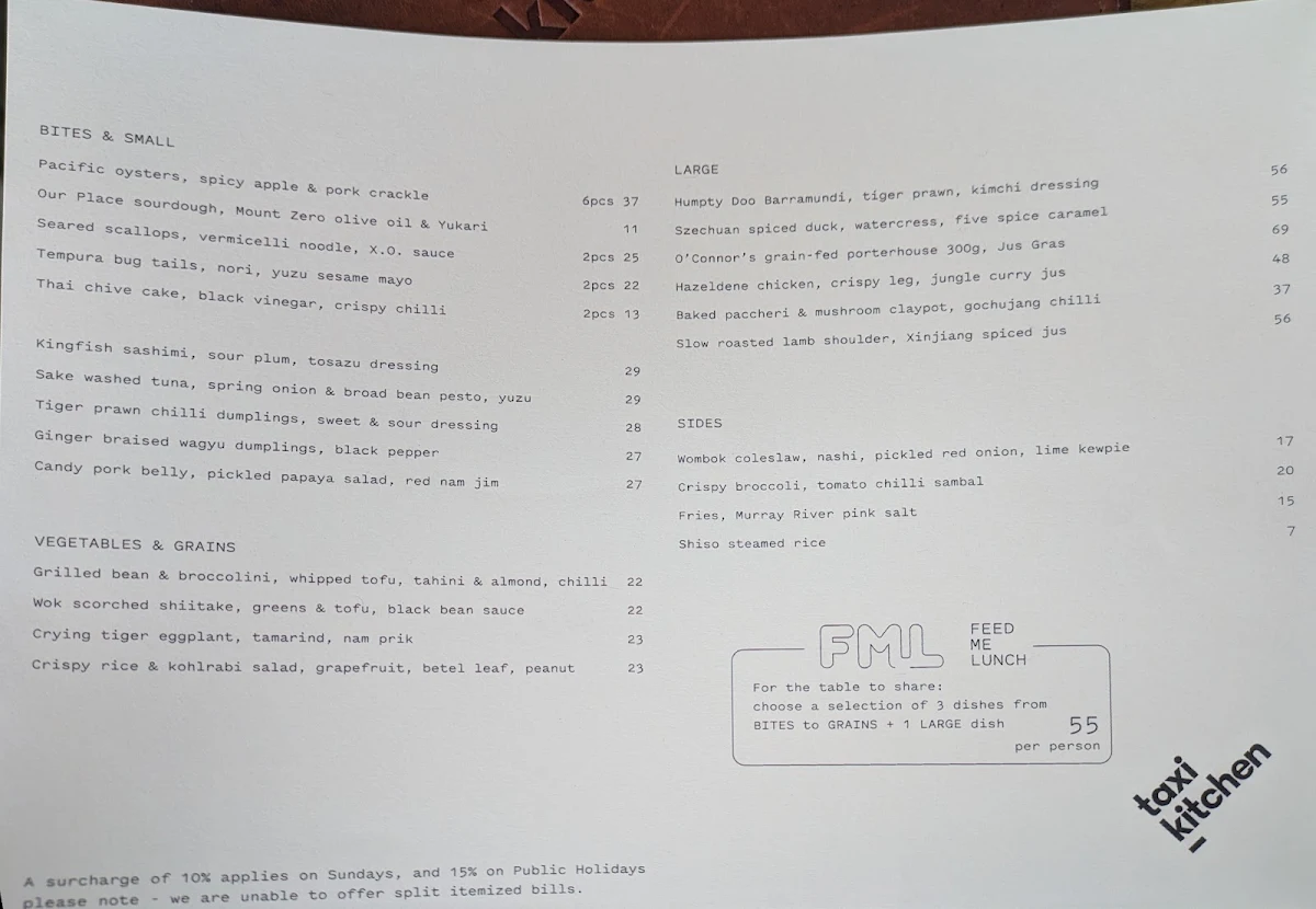 Menu, Taxi Kitchen
