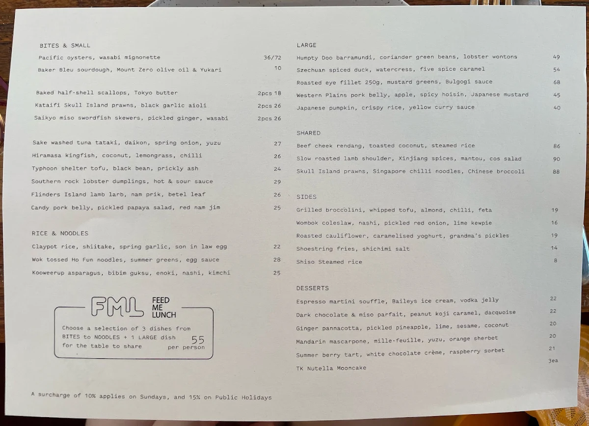 Menu, Taxi Kitchen