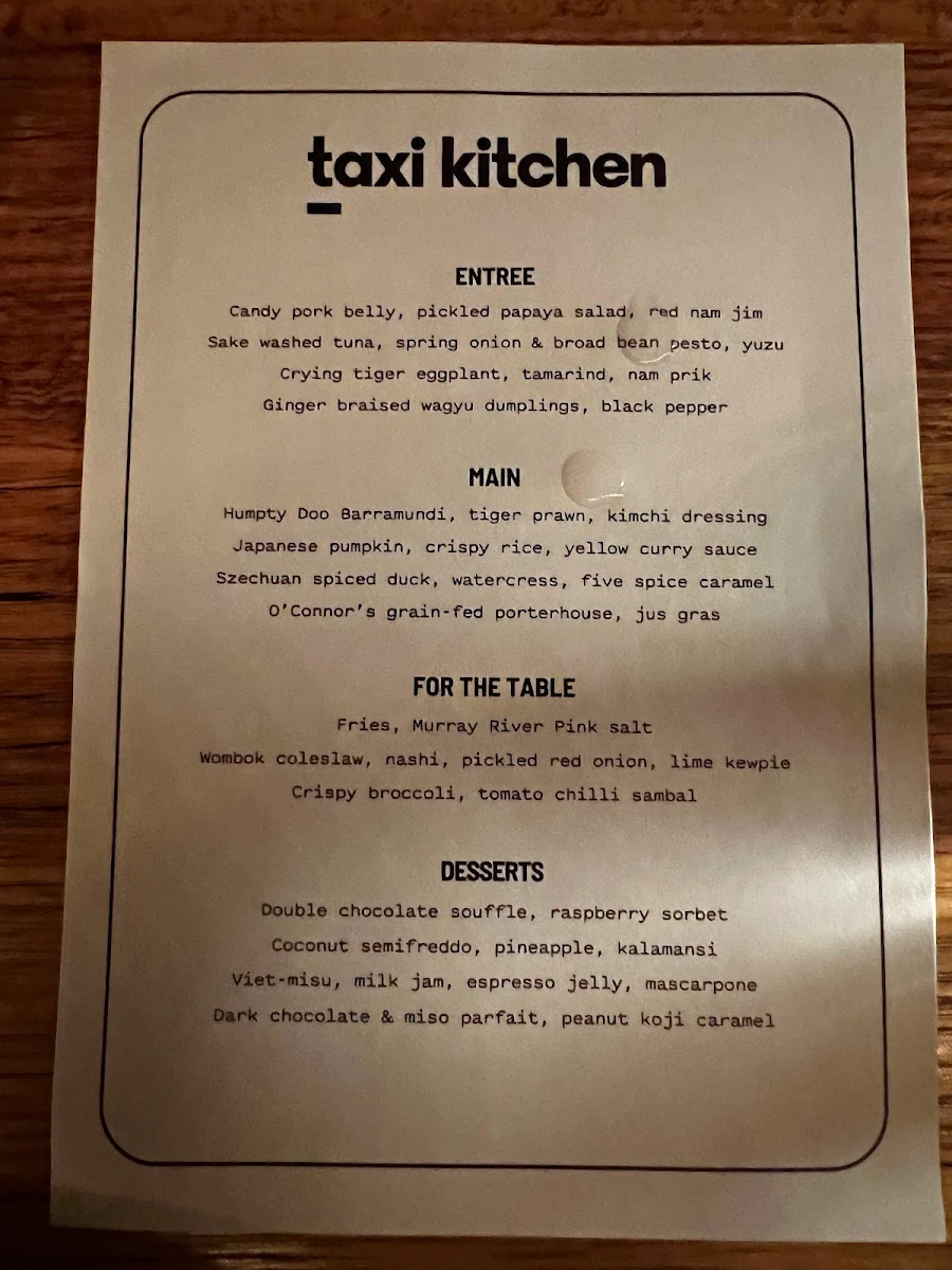 Menu, Taxi Kitchen