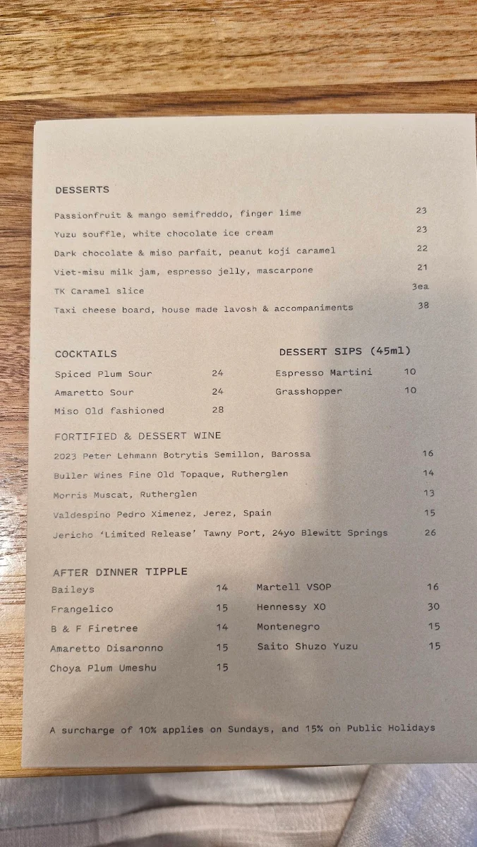 Menu, Taxi Kitchen