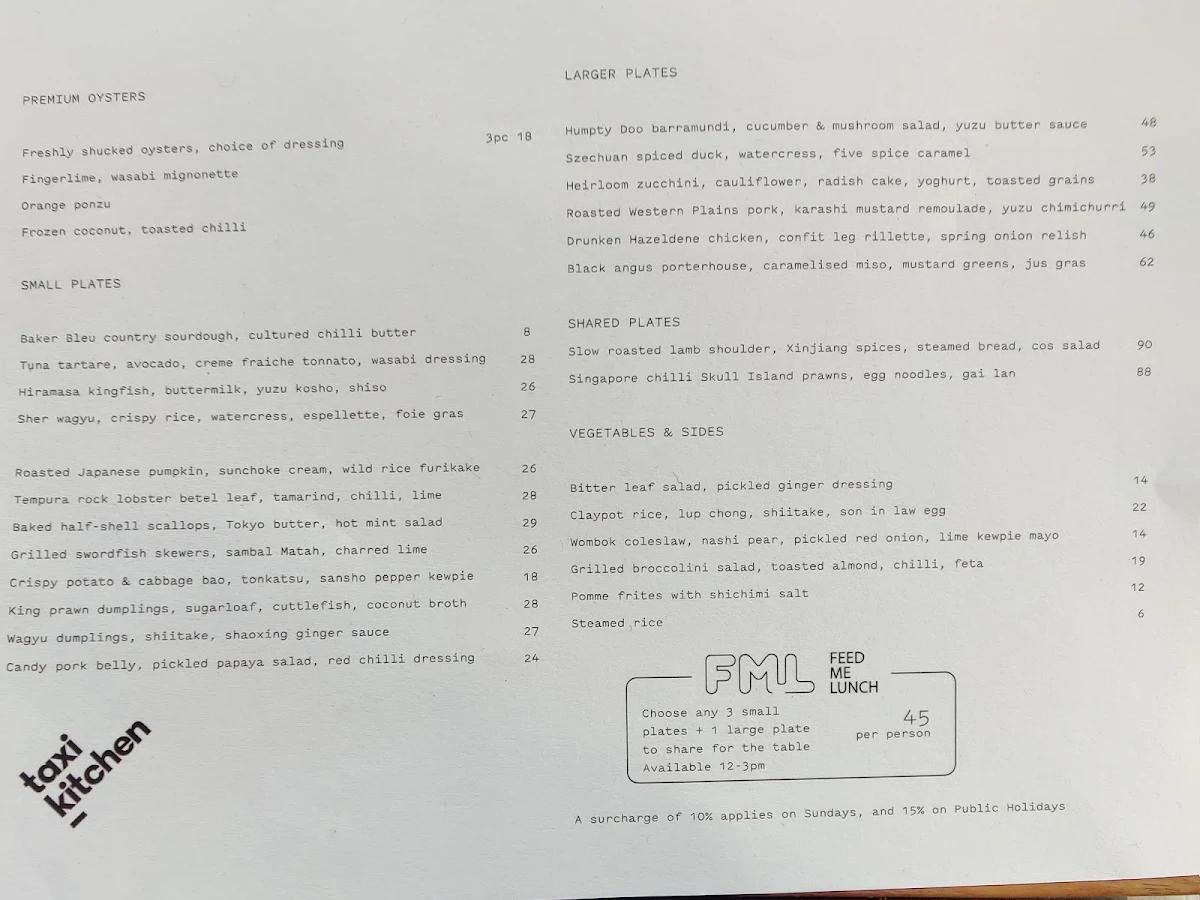 Menu, Taxi Kitchen