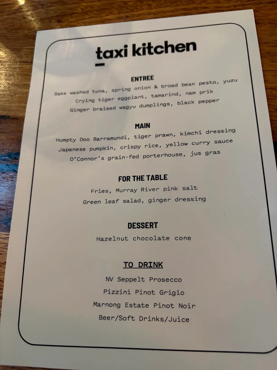 Menu, Taxi Kitchen