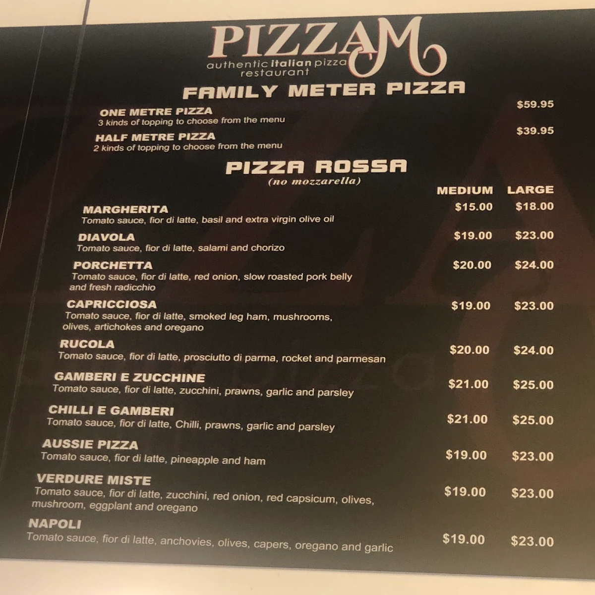 Menu, Pizza M