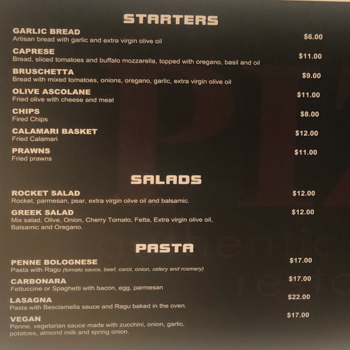 Menu, Pizza M