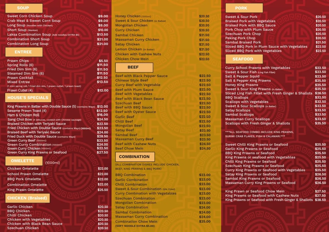 Menu, New Oriental Chinese Restaurant