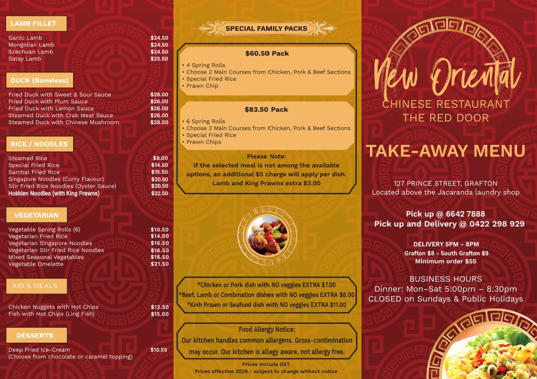 Menu, New Oriental Chinese Restaurant