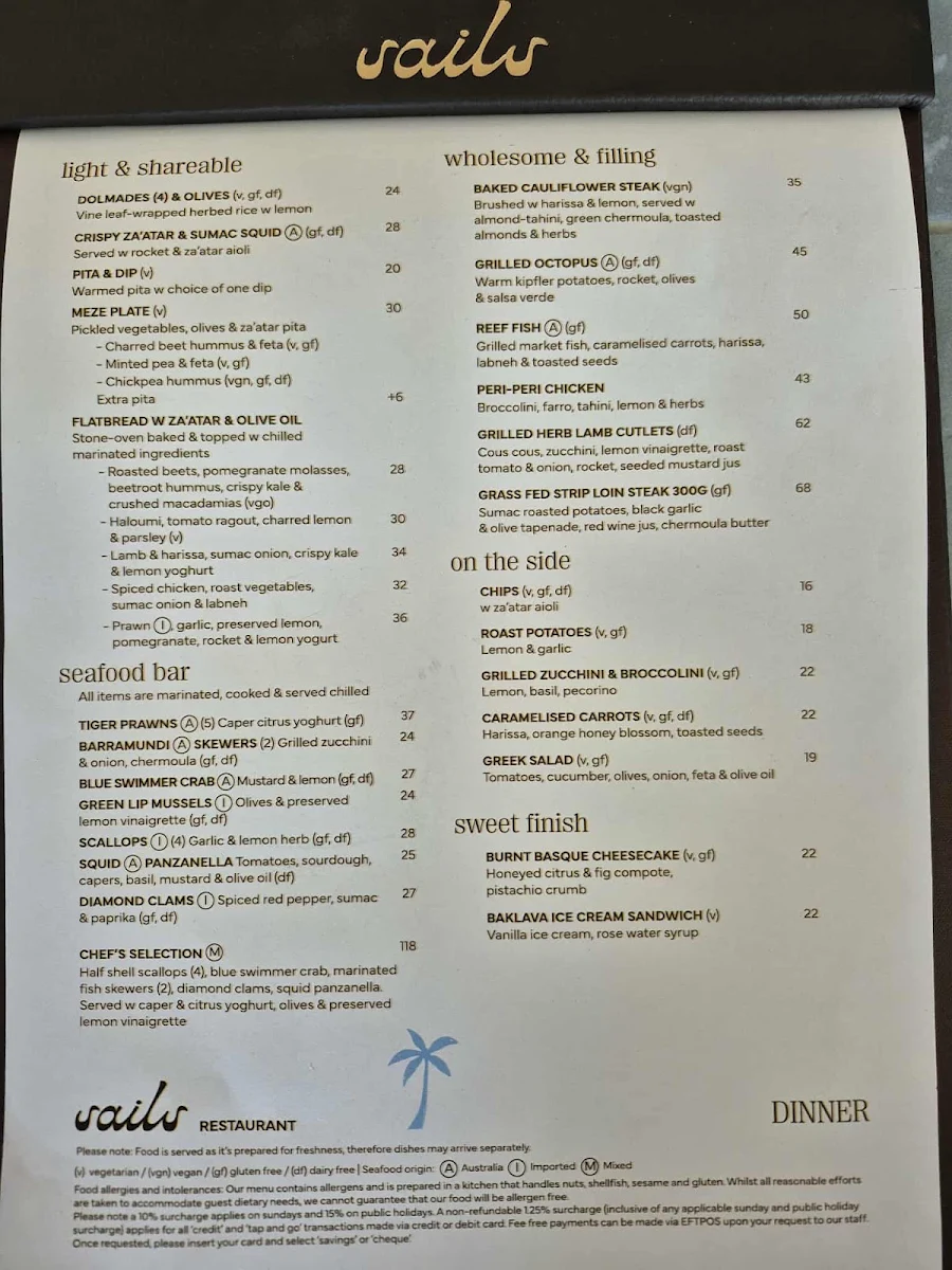 Menu, Sails Restaurant