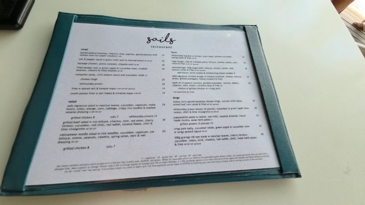 Menu, Sails Restaurant
