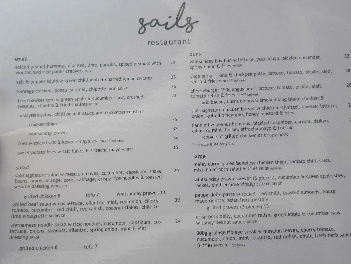 Menu, Sails Restaurant
