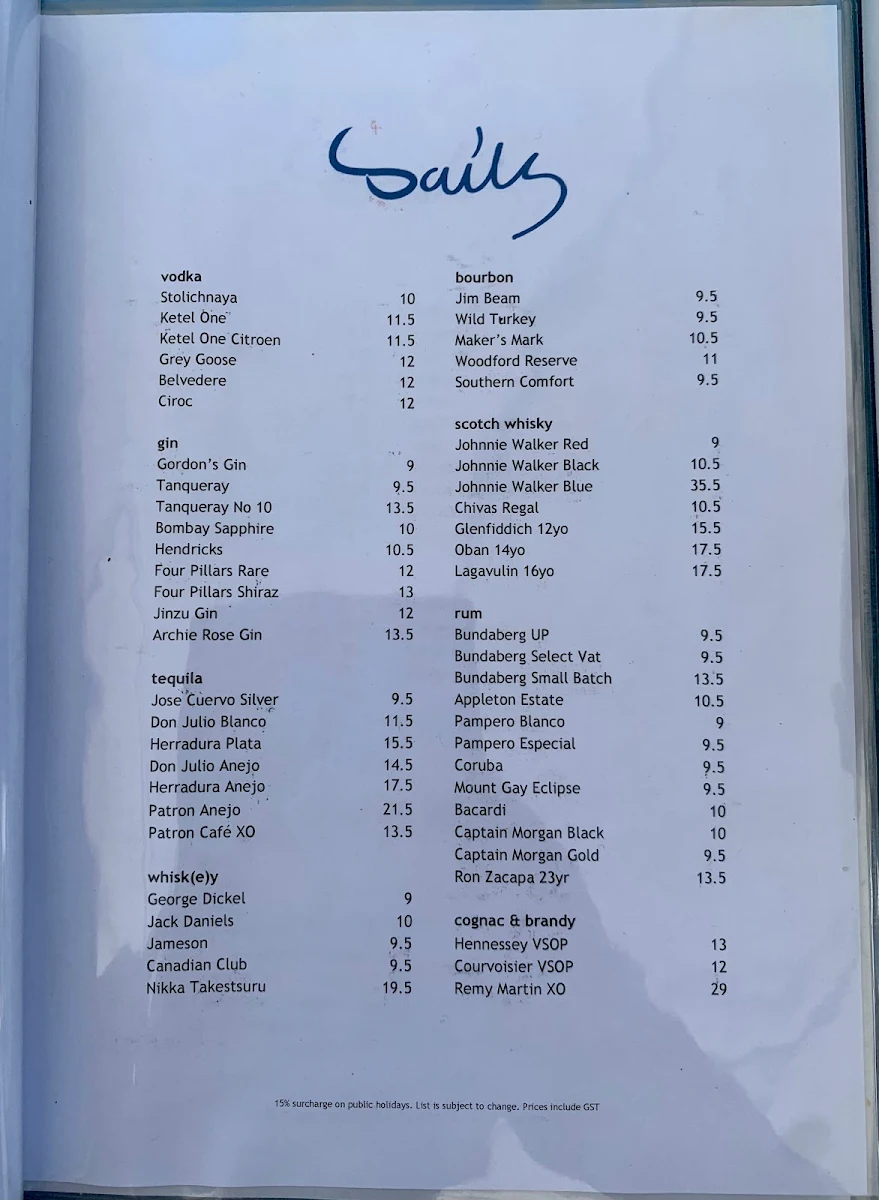 Menu, Sails Restaurant
