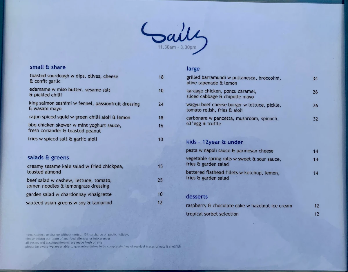 Menu, Sails Restaurant
