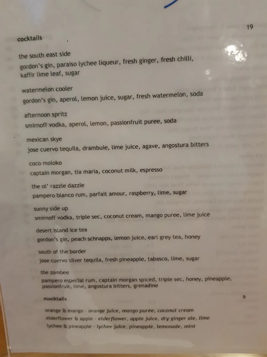 Menu, Sails Restaurant