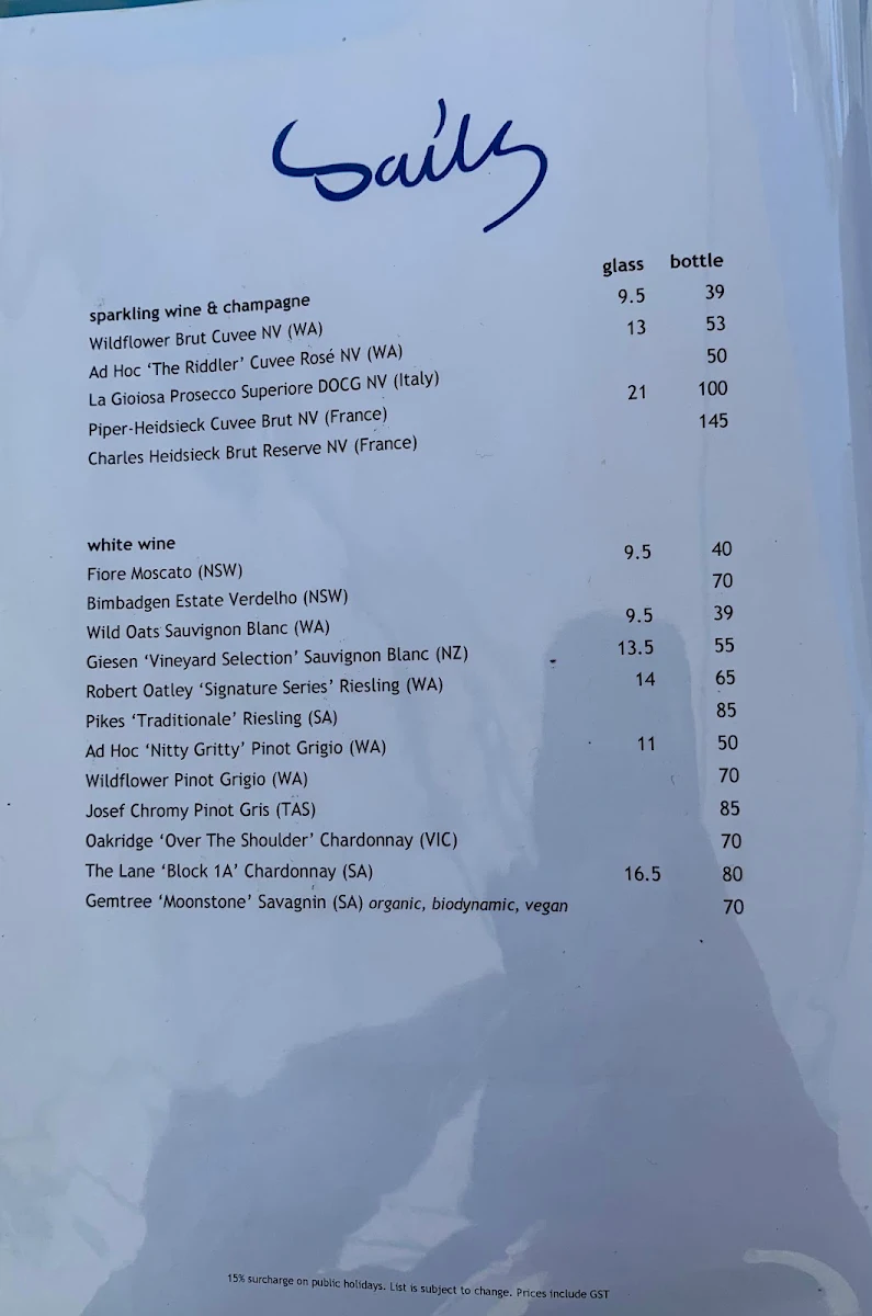 Menu, Sails Restaurant