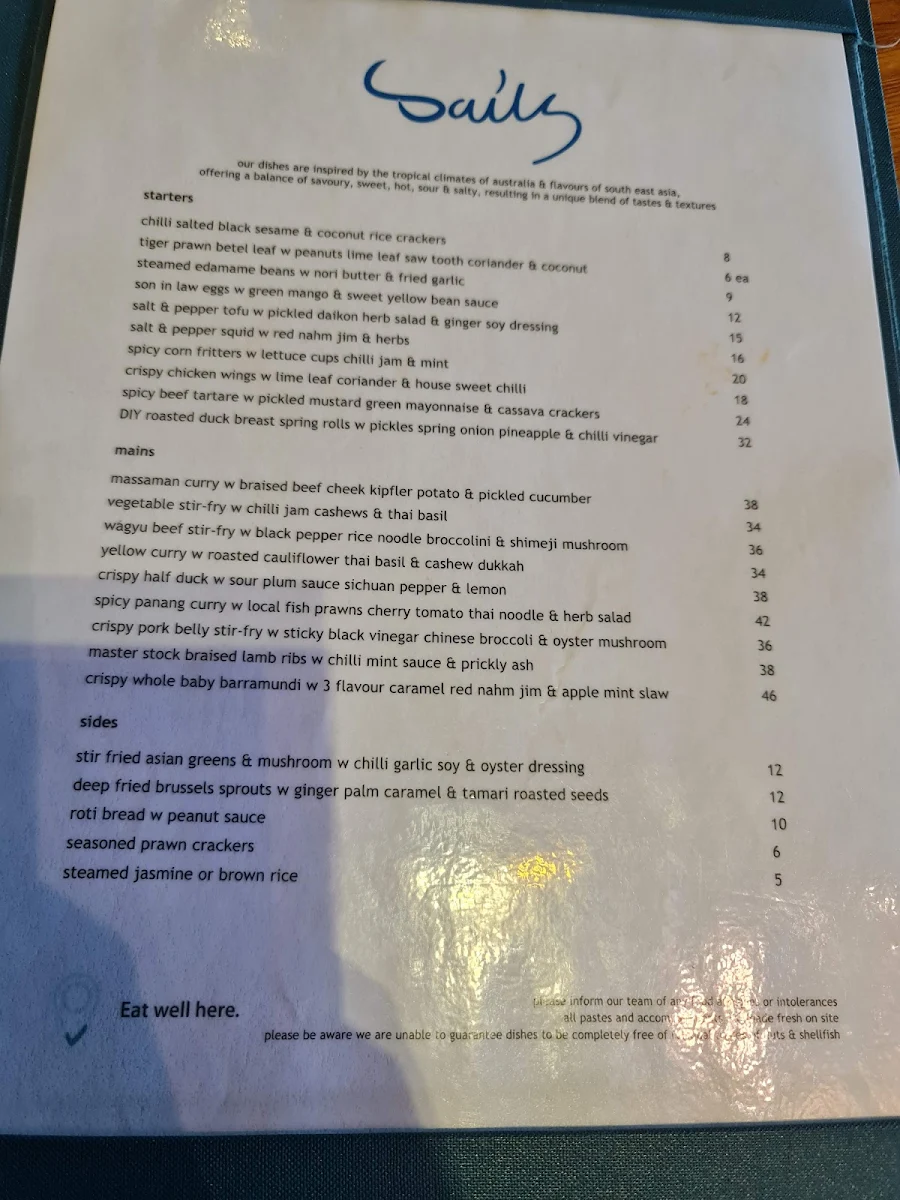 Menu, Sails Restaurant
