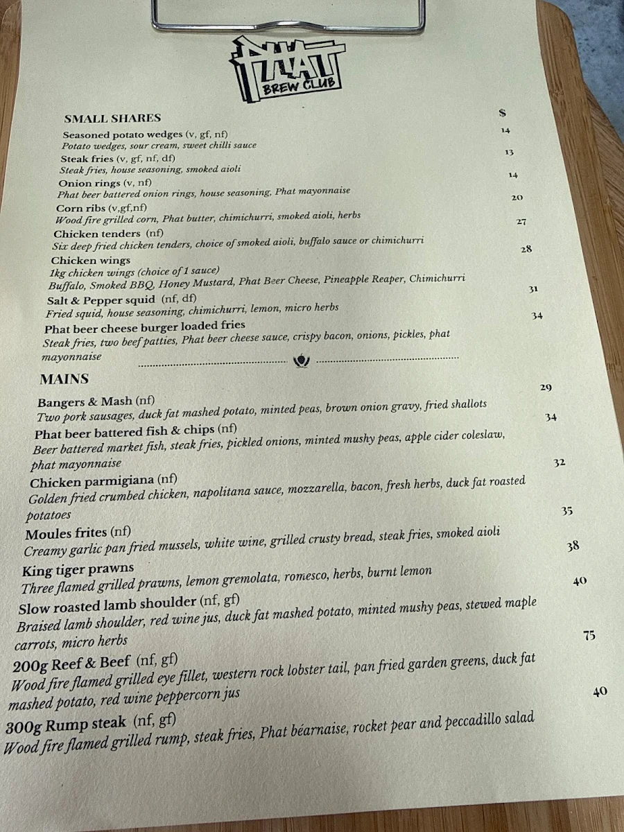 Menu, Phat Brew Club Hillarys
