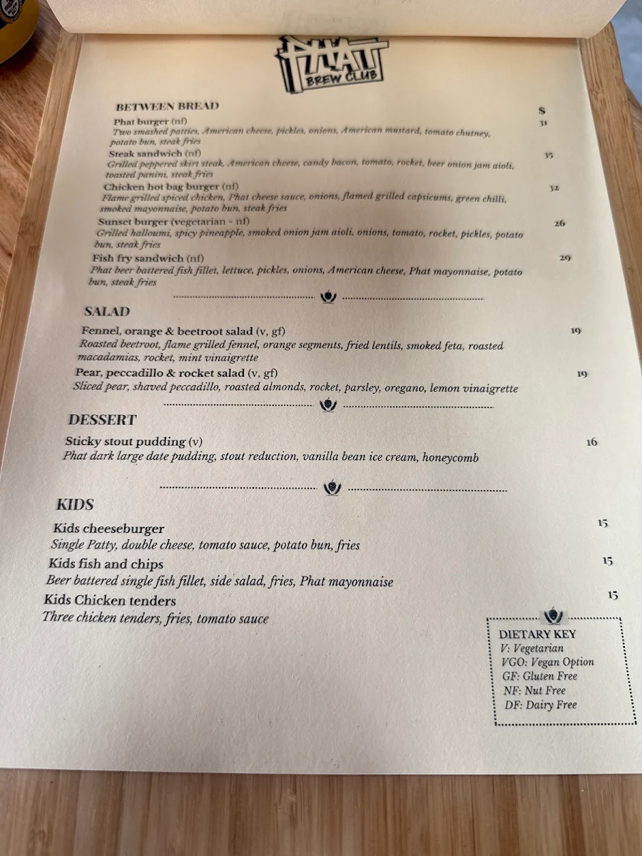 Menu, Phat Brew Club Hillarys