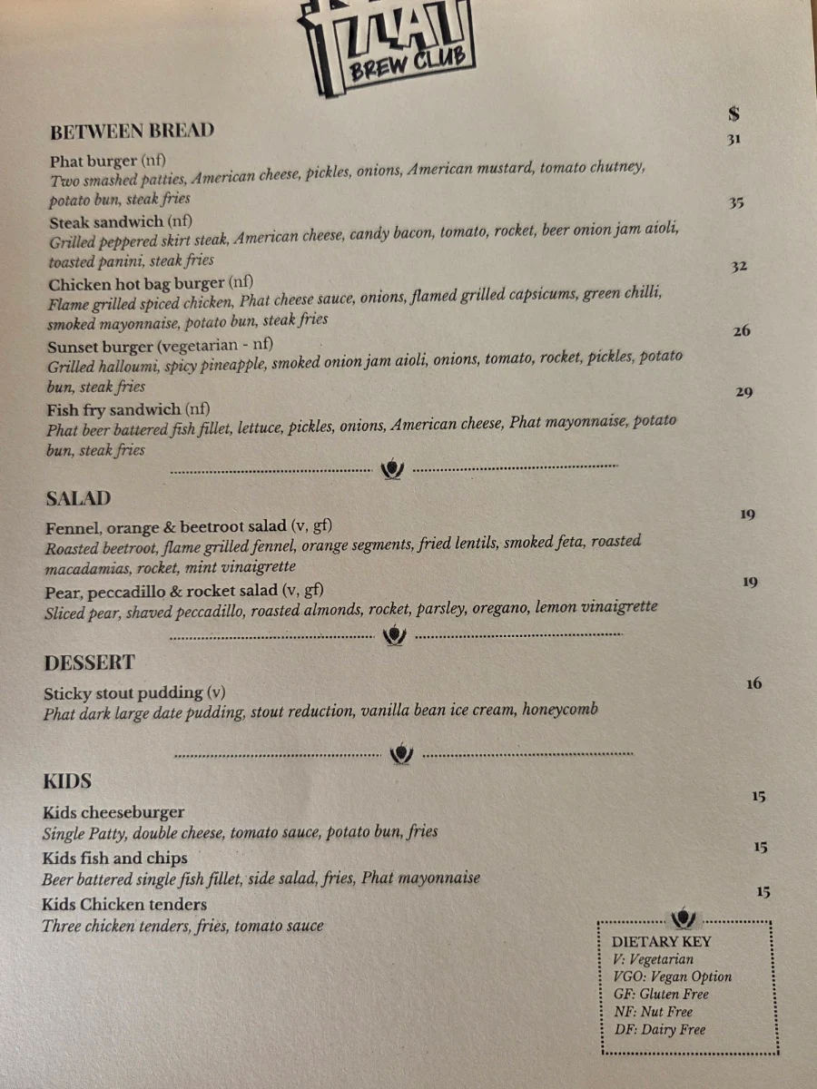 Menu, Phat Brew Club Hillarys
