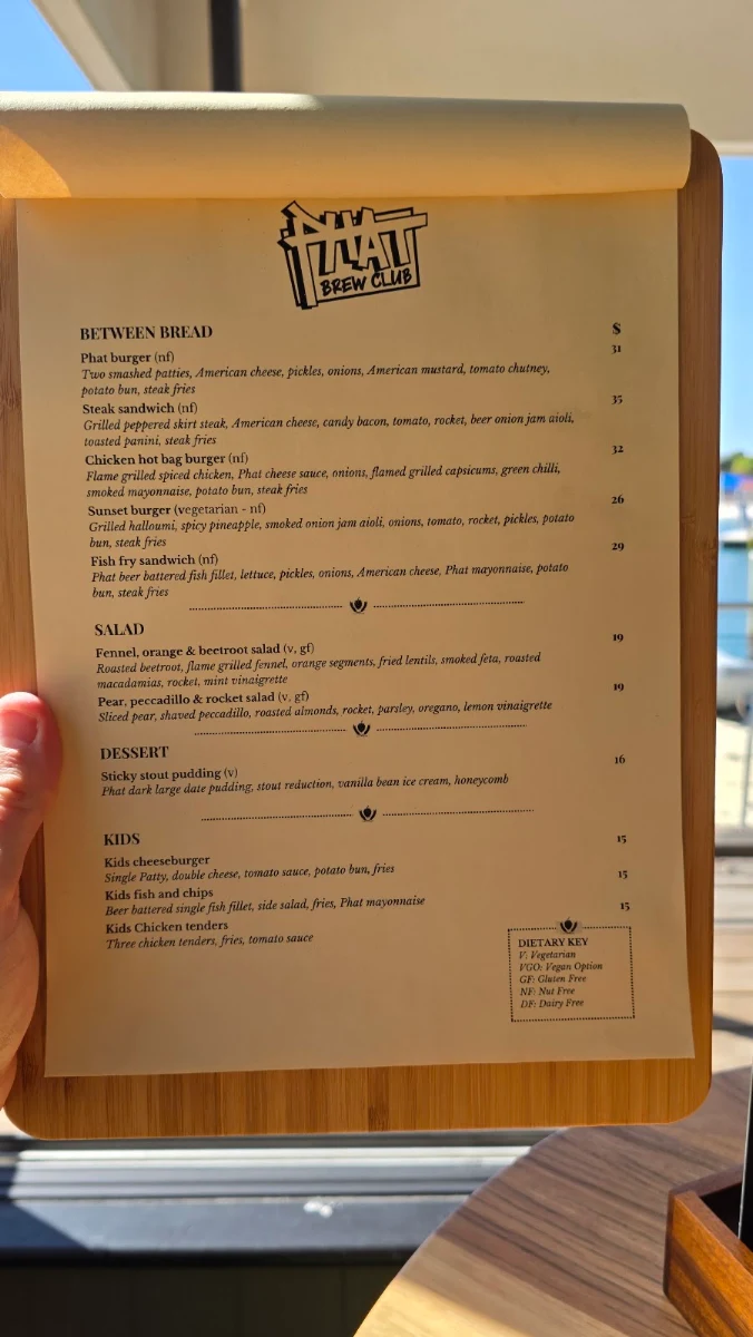Menu, Phat Brew Club Hillarys