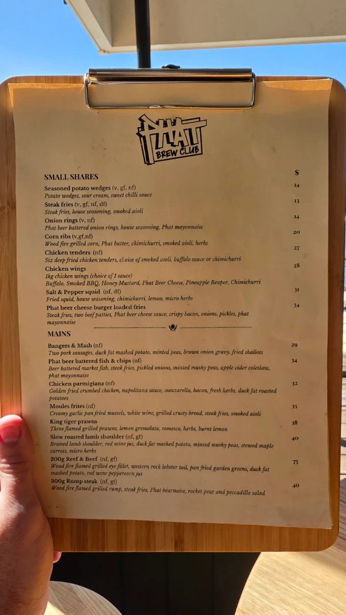 Menu, Phat Brew Club Hillarys