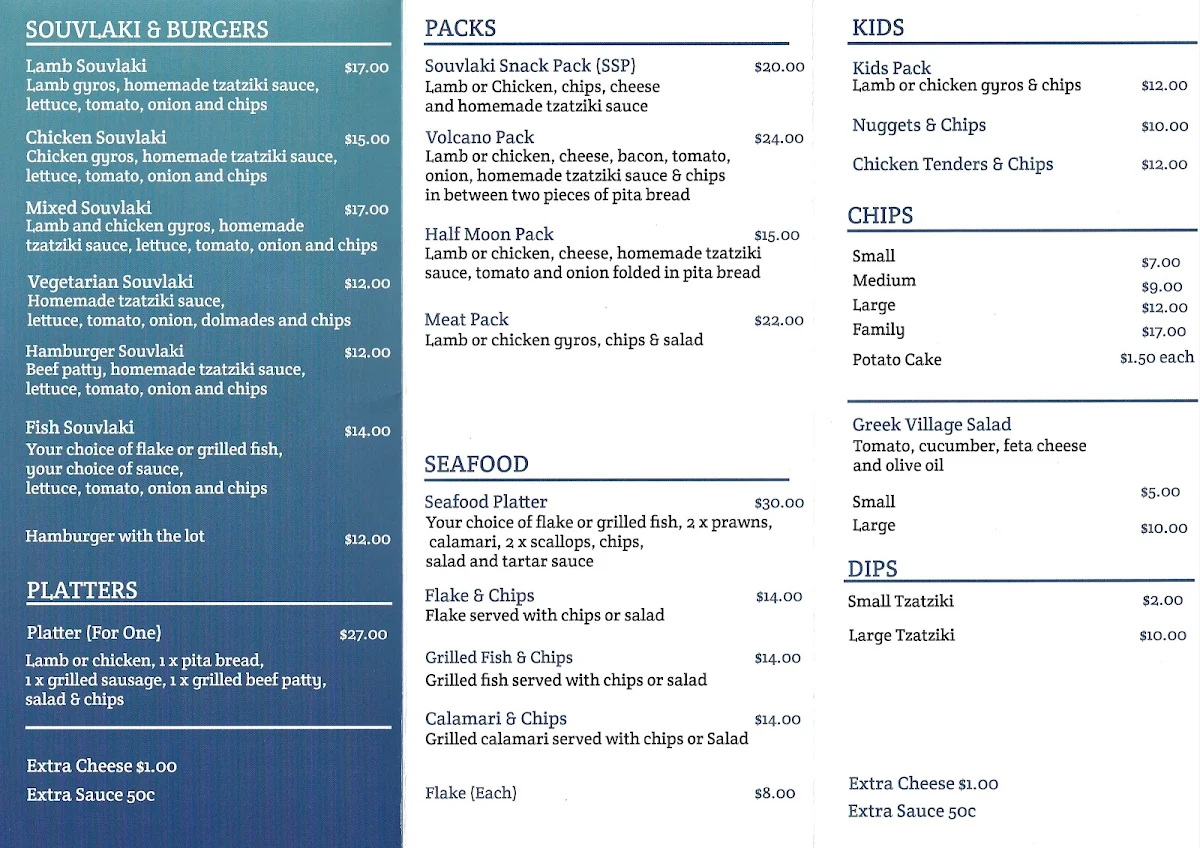 Menu, Peter Rita Souvlaki Bar