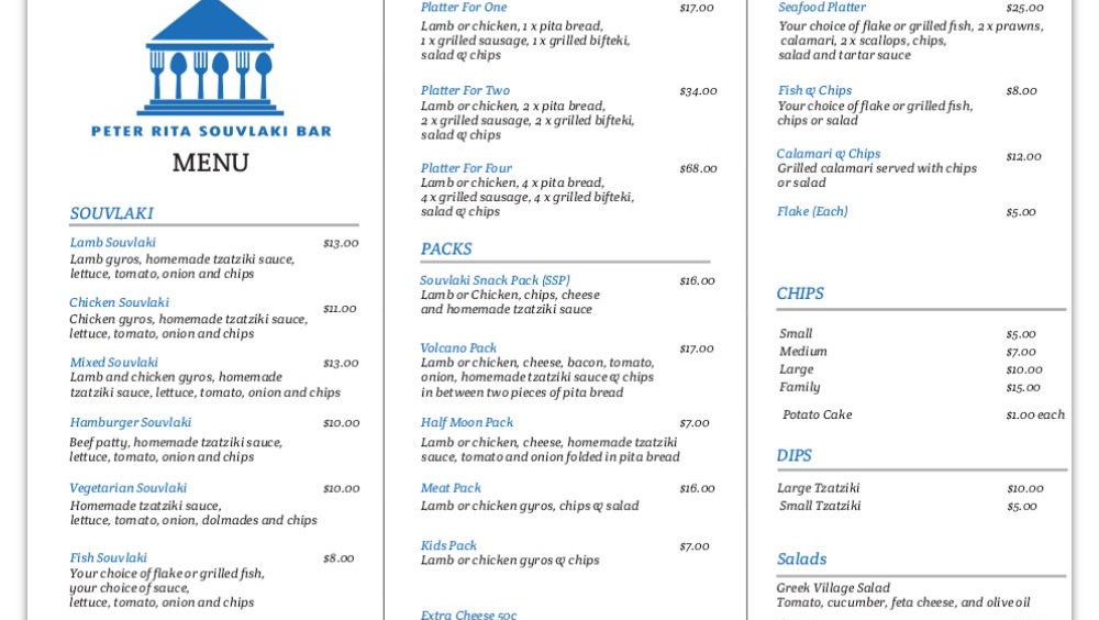 Menu, Peter Rita Souvlaki Bar