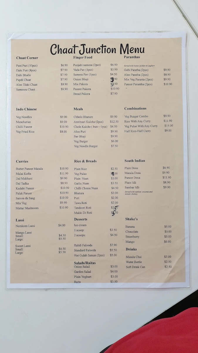 Menu, Chaat Junction