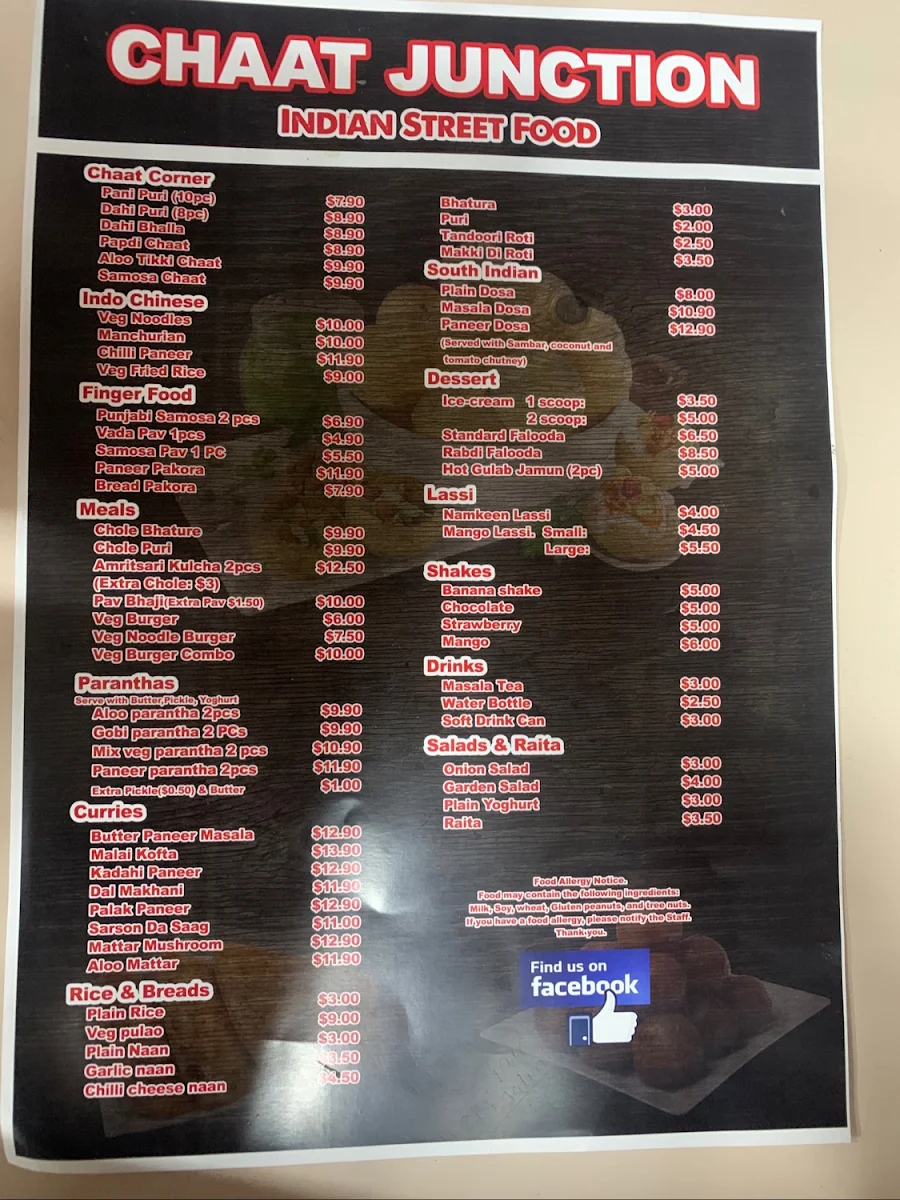 Menu, Chaat Junction
