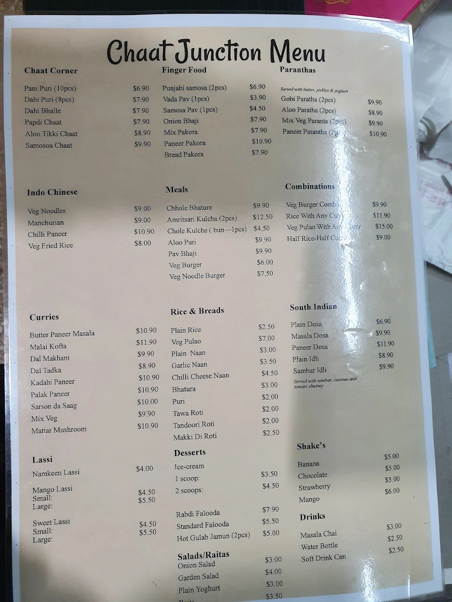 Menu, Chaat Junction