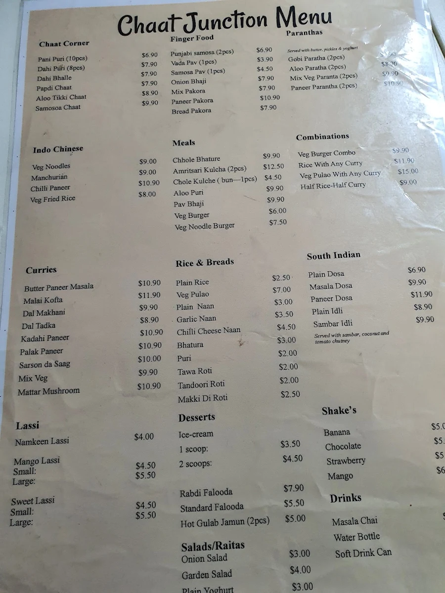 Menu, Chaat Junction