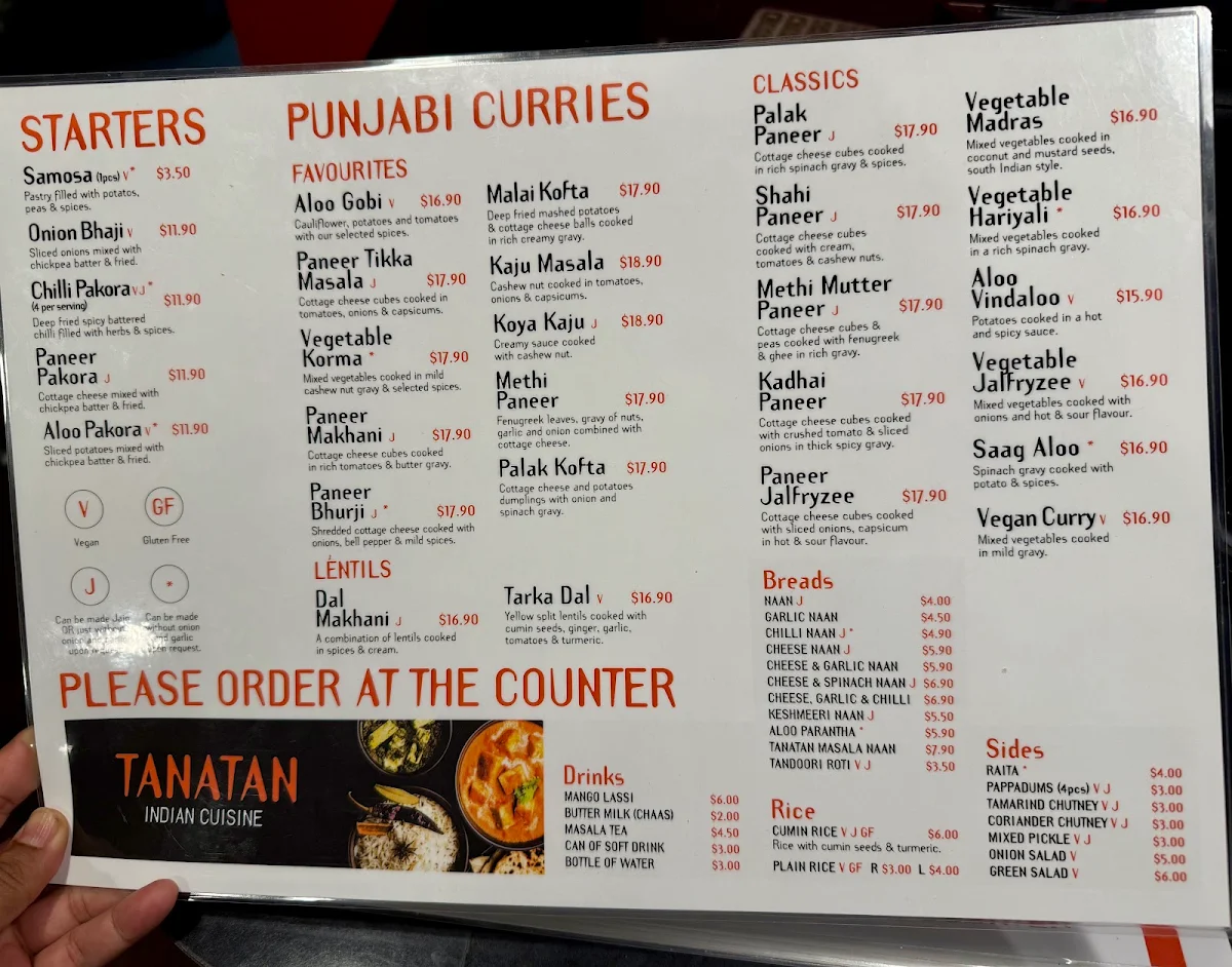 Menu, Tanatan Indian Cuisine