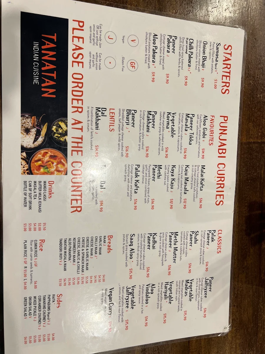 Menu, Tanatan Indian Cuisine