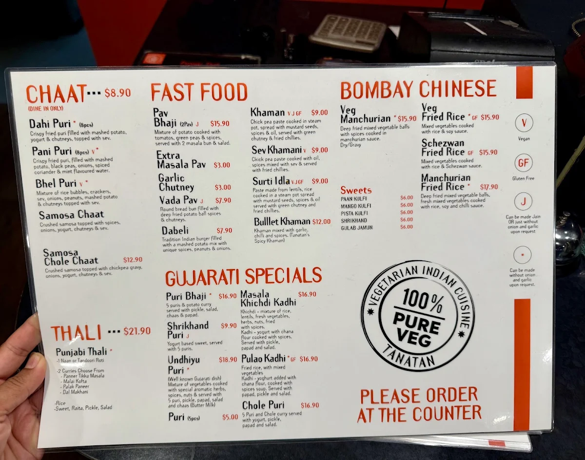 Menu, Tanatan Indian Cuisine