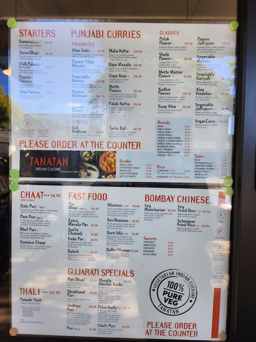 Menu, Tanatan Indian Cuisine