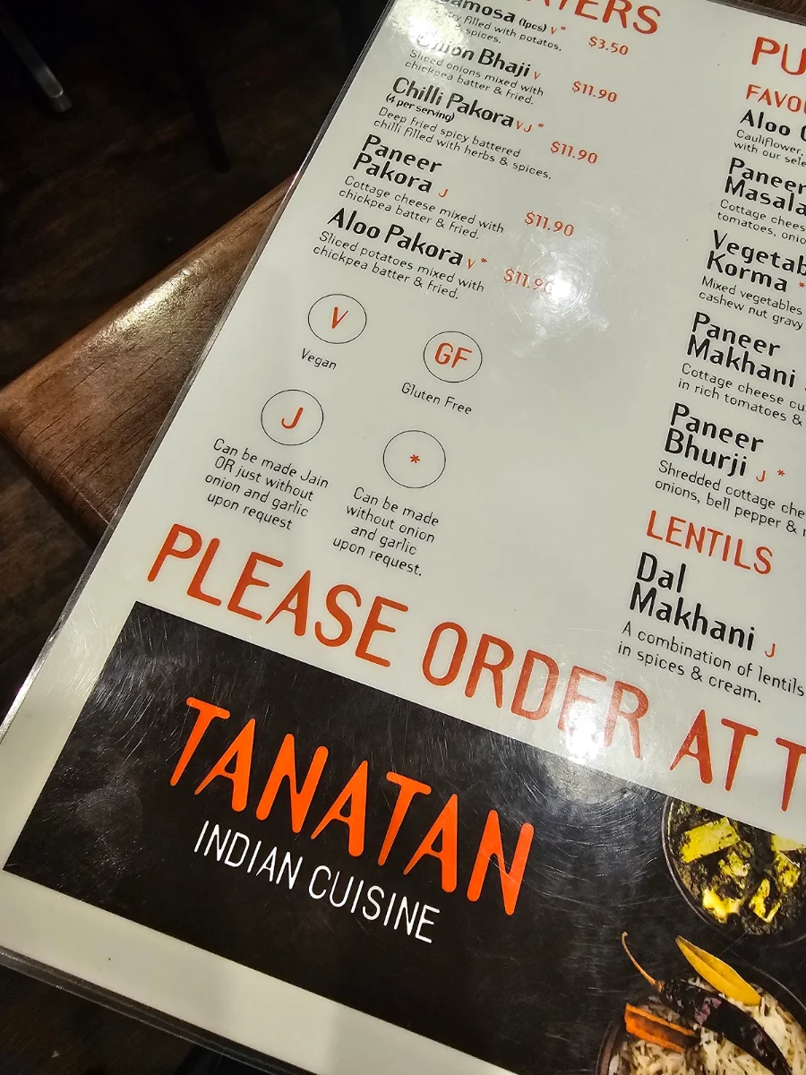 Menu, Tanatan Indian Cuisine