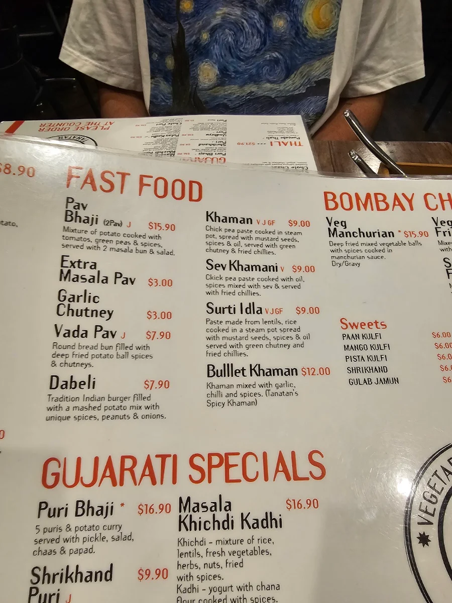Menu, Tanatan Indian Cuisine