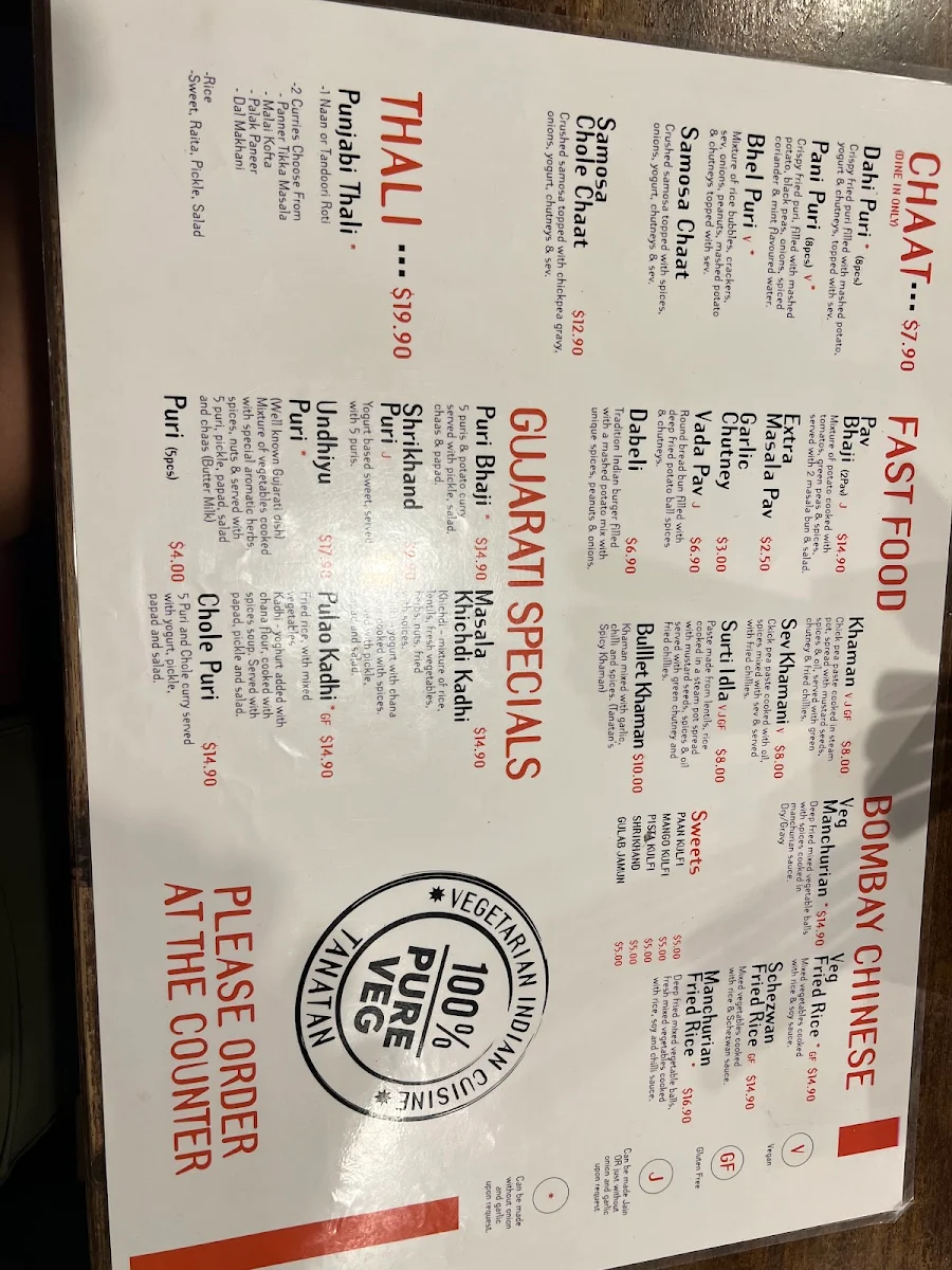 Menu, Tanatan Indian Cuisine
