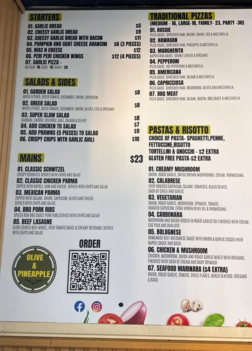 Menu, Olive and Pineapple- Best pizza's in Frankston