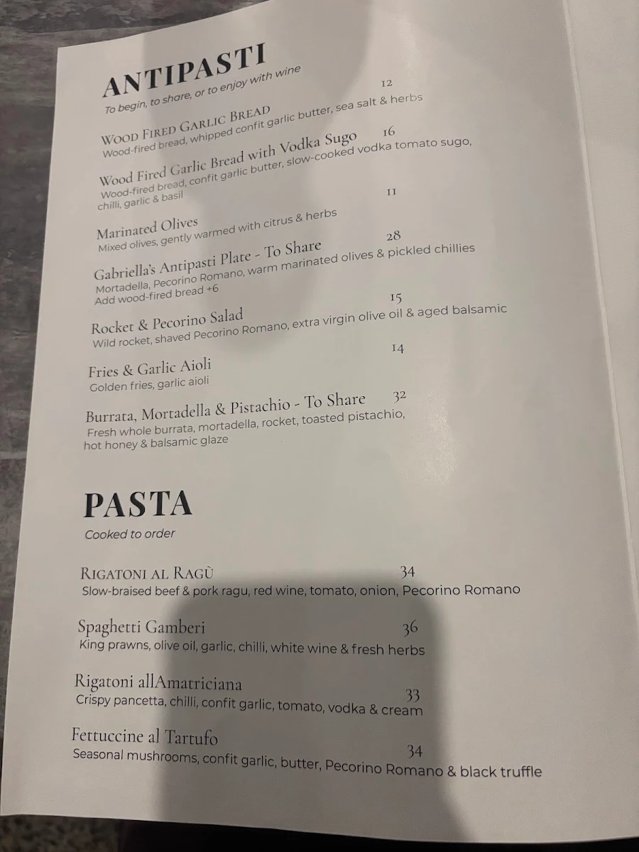 Menu, Gabriella's Pizzeria