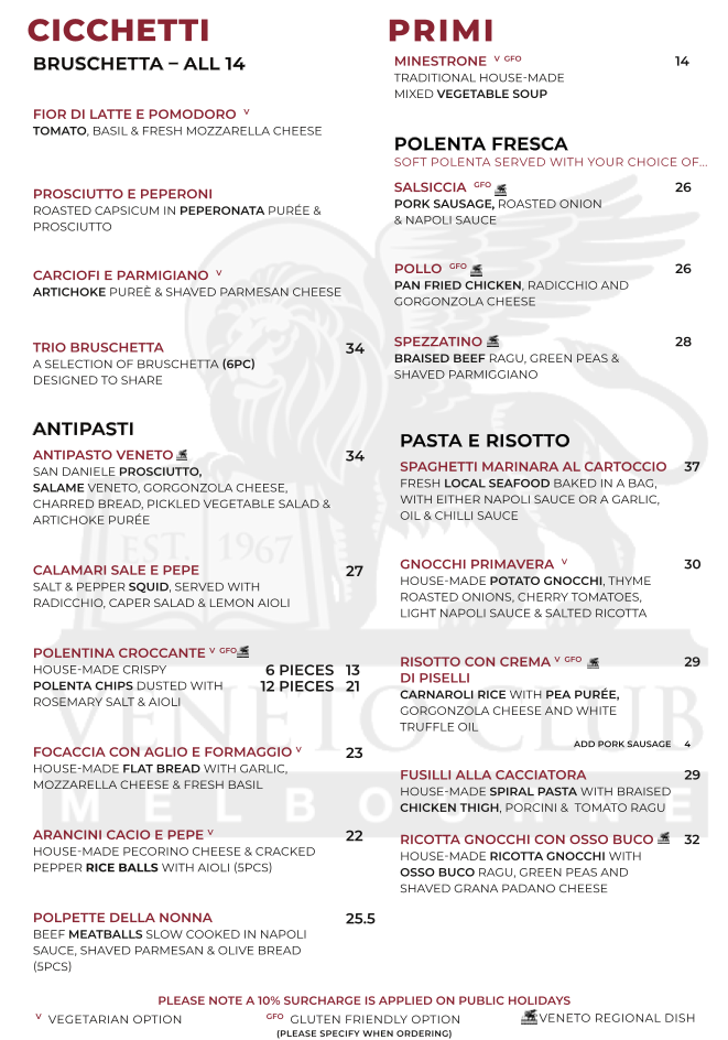 Menu, Veneto Club