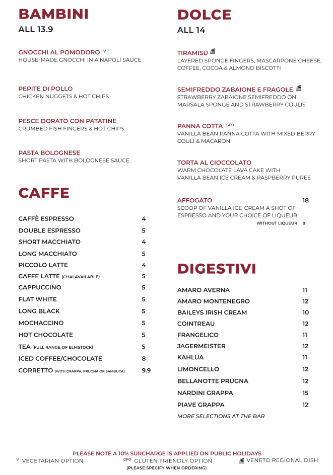 Menu, Veneto Club