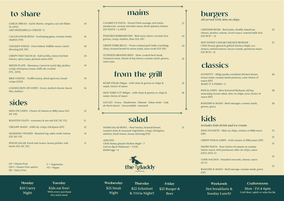 Menu, The Gladdy