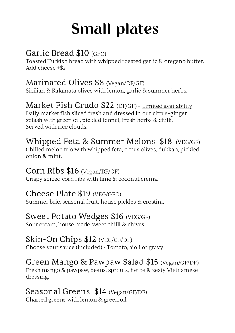 Menu, The Gladdy