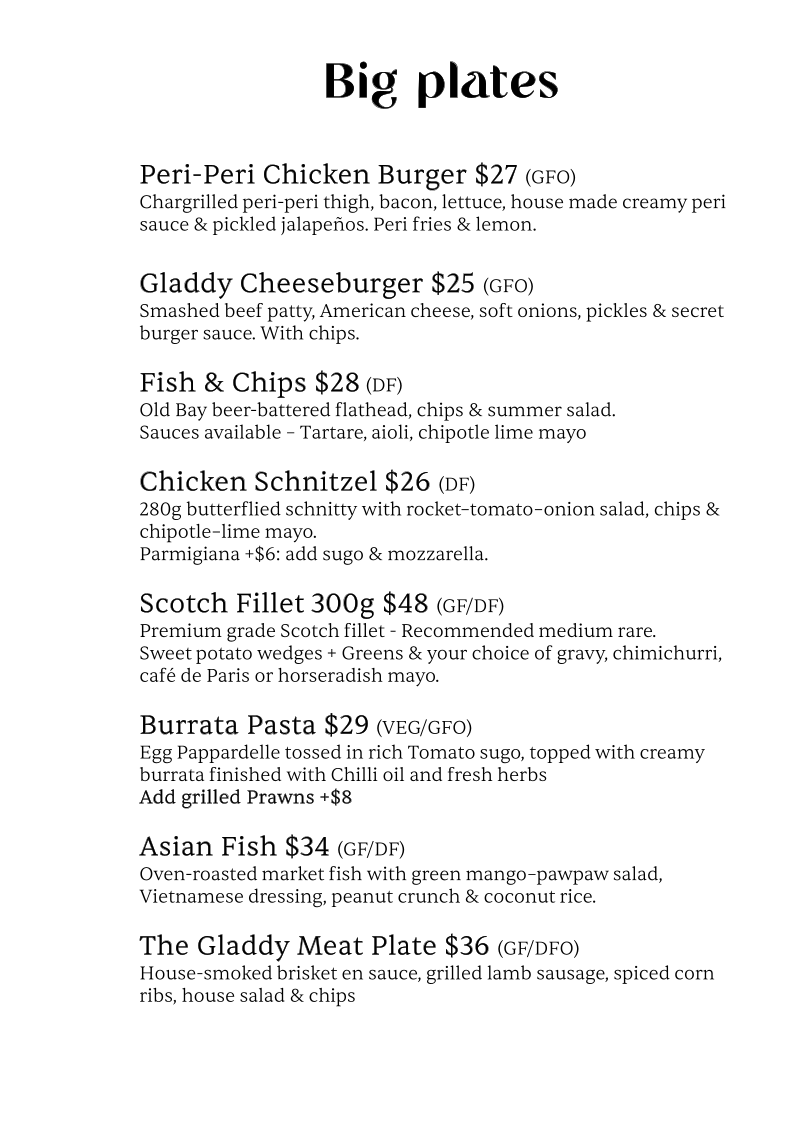 Menu, The Gladdy