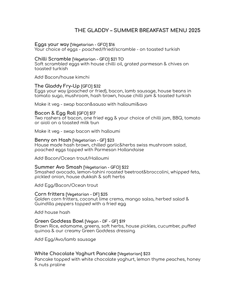 Menu, The Gladdy